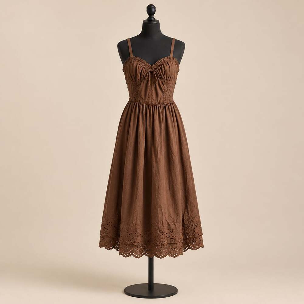 En Saison Midi Dress Size M Brown Eyelet Trim Cami Fit And Flare